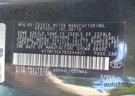 2011 Toyota Camry Le z USA, uszkodzony, nr VIN 4T1BF3EK3BU644831